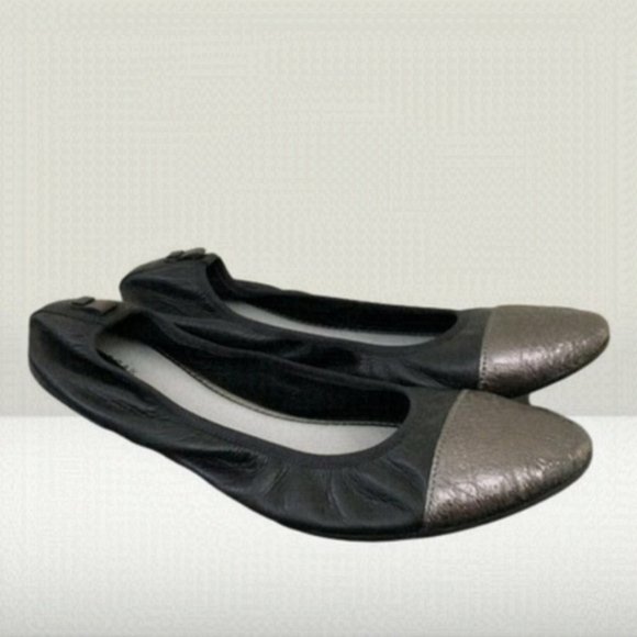 RUDSAK Black Leather Metallic Cap Toe Ballerina Flats - Picture 1 of 9